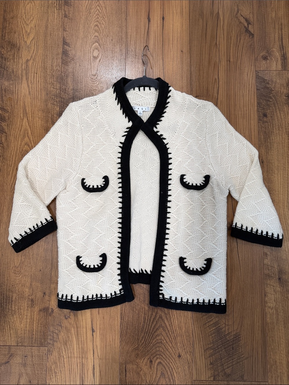CAbi Cream Cardigan with Black Trim Open Front